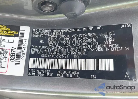 2005 Toyota Sienna Le из США, поврежденный, VIN 5TDZA23C55S321431